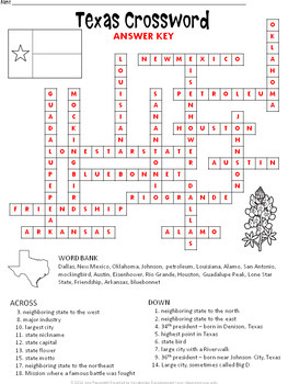 Texas Crossword Puzzle by Ann Fausnight TPT