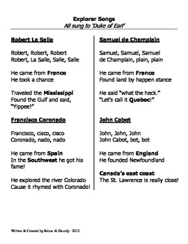 Preview of Explorer Songs-Robert La Salle, Samuel de Champlain, John Cabot & Coronado
