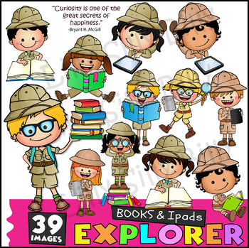 Preview of Explorers - Books and Ipads. Clipart in BLACK & WHITE/ full color.