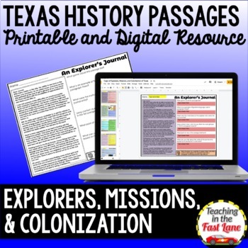 Preview of Explorers, Missions, and Colonization of Texas Reading Comprehension Passages