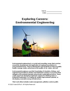 Preview of Exploring Careers: Environmental Engineering Worksheet