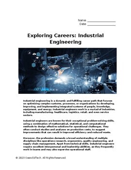 Preview of Exploring Careers: Industrial Engineering Worksheet