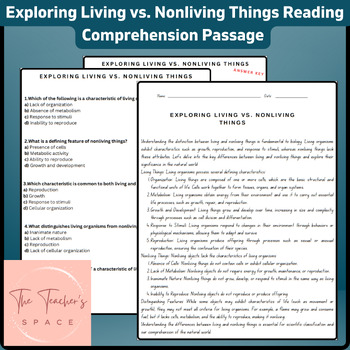 Preview of Exploring Living vs. Nonliving Things Reading Comprehension Passage