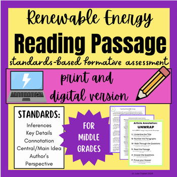 Preview of Exploring Renewable Energy Reading Passage and CCSS Based Questions