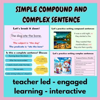 Preview of Simple, Compound and Complex Sentences -  Teacher Slides - Examples - Lessons