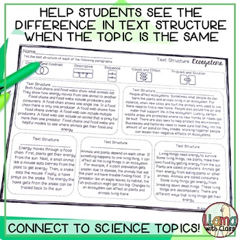 Ecosystem Reading Worksheets with Text Structure Practice in English &  Spanish