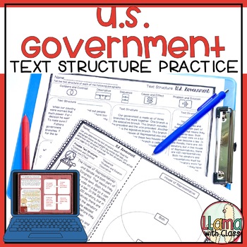 Preview of U.S. Government Reading Worksheets with Text Structure Practice and Organizers