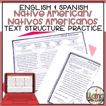 Preview of Native American Reading Passage with Text Structure Worksheets English & Spanish