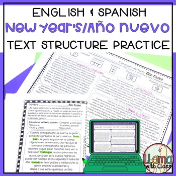 Preview of New Year's Text Structure Reading Worksheets in English and Spanish