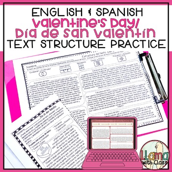 Preview of Valentine's Day Reading Passage Text Structure Worksheets in English and Spanish