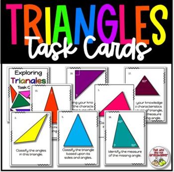 Preview of Math Geometry Triangles Task Cards Classifying, Missing Angles NO PREP Practice