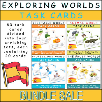 Preview of Exploring Worlds Bundle: 20 Spanish Task Cards on Fruits, Vegetables, Animals ..