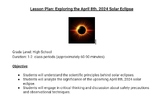 Exploring the April 8th, 2024 Solar Eclipse. High School L