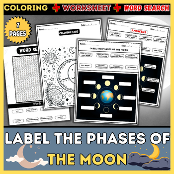 Preview of Exploring the Phases of the Moon: Word Search, Labeling, Worksheet, Coloring Pag