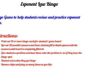 Preview of Exponent Laws Bingo