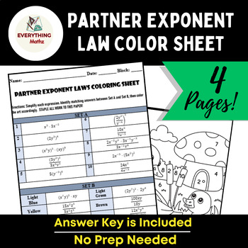 Preview of Exponent Laws Coloring Activity: Pair and Individual Sheet | Algebra