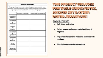 Preview of Exponent Properties & Exponential Expressions - PRINTABLE GUIDED NOTES