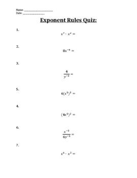 Preview of Exponent Quiz with Solutions