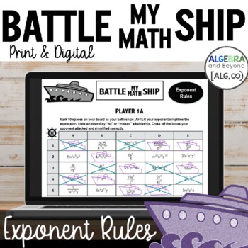 Preview of Exponent Rules Activity | Battleship | Properties & Laws of Exponents Practice