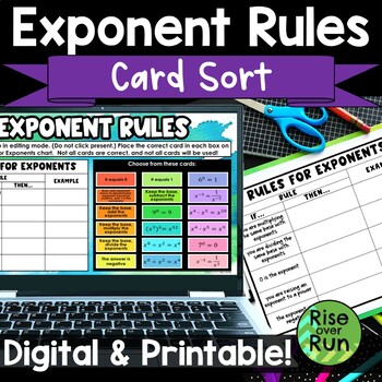 Preview of Exponent Rules Card Sort Printable and Digital Activity for Google Classroom