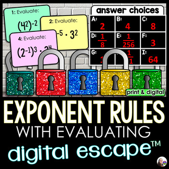 Preview of Exponent Rules Digital Math Escape Room {with evaluating} Activity