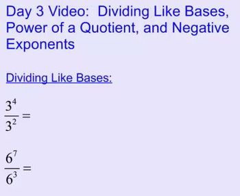 Preview of Exponent Rules:  Division, quotient to a power, and negative exponents