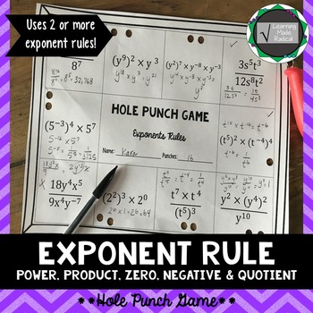 Preview of Exponent Rules Hole Punch Game (Power, Product, Quotient, Negative & Zero)