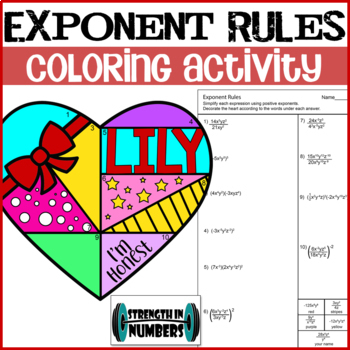 Preview of Exponent Rules Personalized Valentine's Day Heart Coloring Activity