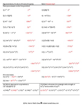 exponent rules product of powers property worksheet homework tpt