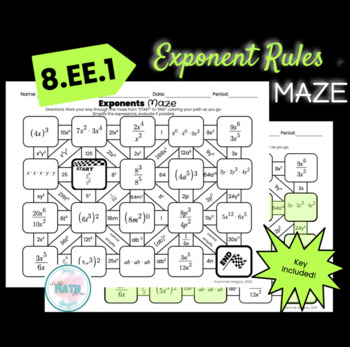 Preview of Exponent Rules | Properties of Exponents | Laws of Exponents | 8.EE.1 | Maze