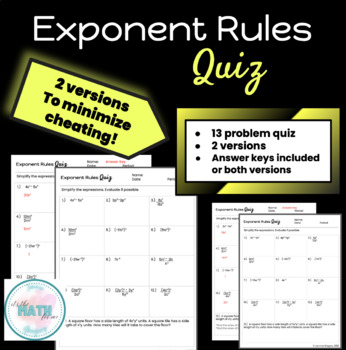 Preview of Exponent Rules Quiz | 8.EE.1 | Two Versions | Answer Keys Included | 13 problems
