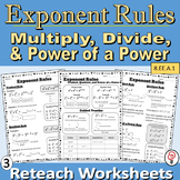 Exponent Rules Reteach Worksheets - Multiply, Divide, and 