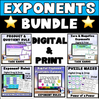 Preview of Exponent Rules Review Laws of Exponents BUNDLE Digital Print 5 Fun Activity