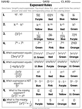 Exponent Rules Simplifying Expressions Color By Number | TpT