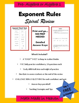 Preview of Exponent Rules: Spiral Review, Worksheets, Study Tips, & Quiz: Distance Learning
