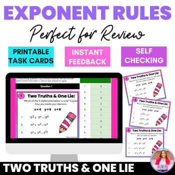 Preview of Exponent Rules Two Truths and One Lie Review Game Digital and Print Task Cards