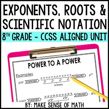 Preview of Exponent Unit 8th Grade Math CCSS | Laws of Exponents Scientific Notation Roots