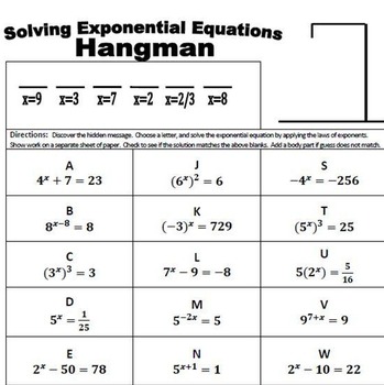 Exponential Equations Hangman: Use Exponent Laws to solve Exponential Equations