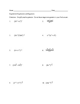 Preview of Exponential Expressions and Equations with Answer Key
