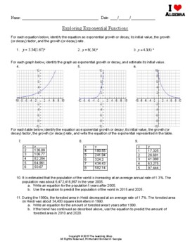 Preview of Exponential Functions ALGEBRA Worksheet