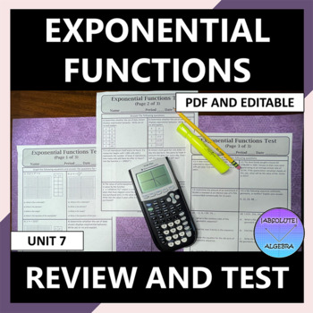 Preview of Exponential Functions Unit Review and Test Editable U7