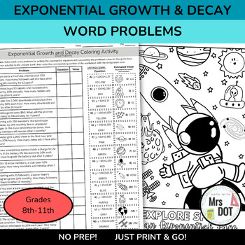 Preview of Exponential Growth and Decay Coloring Activity | Word Problems