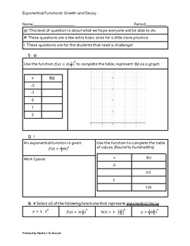 Preview of Exponential Growth and Decay Functions -- Differentiated Worksheet