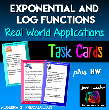 Preview of Exponential and Logarithmic Equations Applications Task Cards plus Worksheet