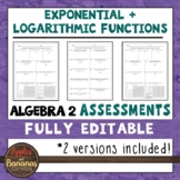 Exponential and Logarithmic Functions Tests - Editable Ass