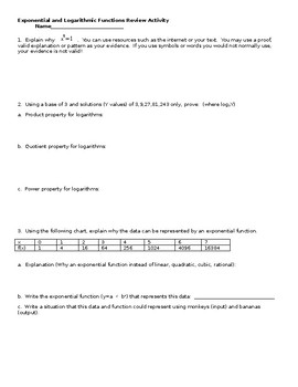 Preview of Exponential and Logarithmic Review Activity