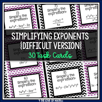 Preview of Exponents: 30 Task Cards - Simplifying Expressions (Set 2: Difficult!)