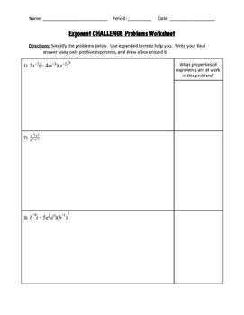 Preview of Exponents Challenge Problems Worksheet