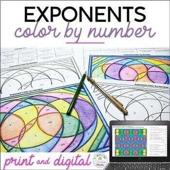 Preview of Exponents Math Color by Number Worksheets 6th Grade Coloring Sheets plus Digital
