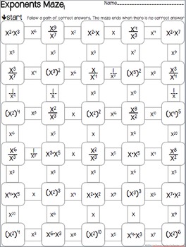 Exponents Mazes - 3 Worksheets - x / raise to power & negative exp